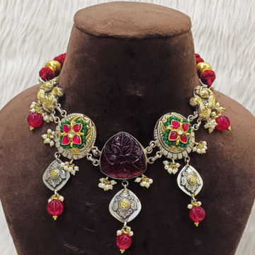Designer Vintage Silver Nakhra Necklace With Multi...