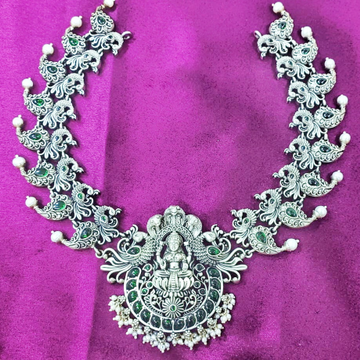 Mesmerizing Pure Silver Lakshmi Necklace with Peac...