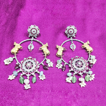 Unique Fusion Pure Silver Temple Earrings With Gem...