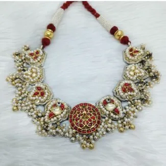 Unique Pure Silver Kundan Nakhra Necklace With Real Pearls-207685